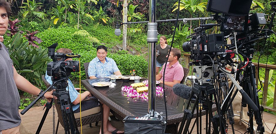 Chef Colin Hazama chats with James Morris and Tyler Korte between takes in Hawaii.